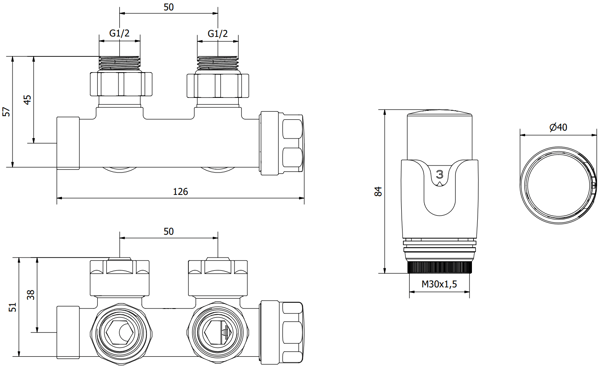 Mexen G00 termostatvinkelset, Duplex, DN50, vit - W907-900-20