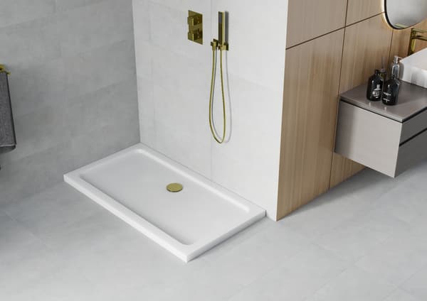 Mexen Flat rektangulär duschkar slim 140 x 70 cm, vit, guldavlopp - 40107014G