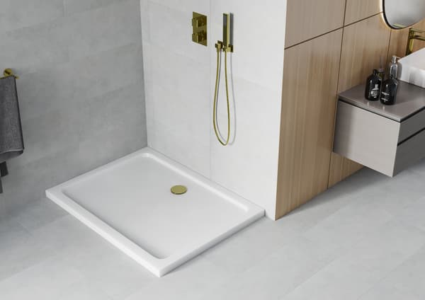 Mexen Flat rektangulär slim duschkar 100 x 90 cm, vit, guldbrunn - 40109010G