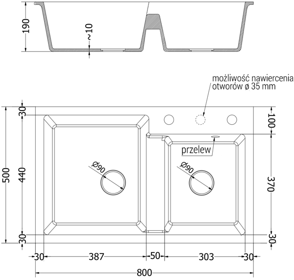 Mexen Tomas granitvask 2-rums 800 x 500 mm, sort/sølv metallic, sort afløb - 6516802000-73-B