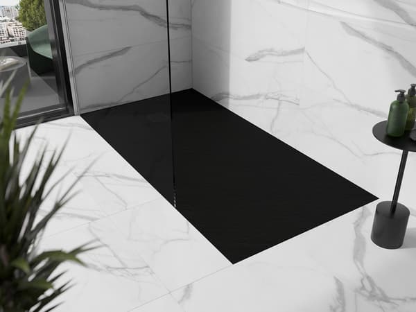 Mexen Stone+ rektangulær komposit bruserbakke 180 x 70 cm, sort, sort afdækning - 44707018-B