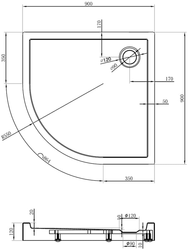 Mexen Flow+ halvcirkelformat duschkar 90 x 90 cm, vit glans - 46Q109090H