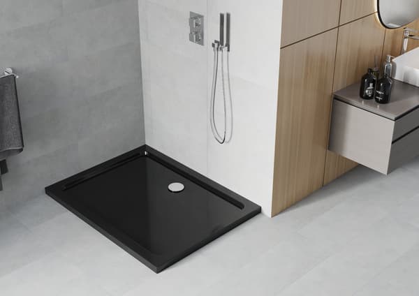 Mexen Flat rektangulær slim brusekar 140 x 90 cm, sort, krom afløb - 40709014