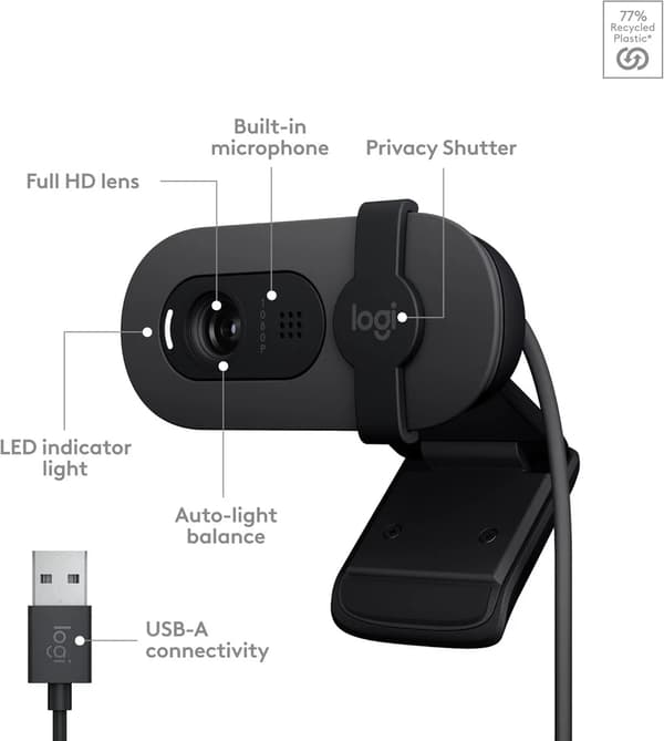 Logitech Brio 100 Full HD-webcam til møder og streaming - grafit