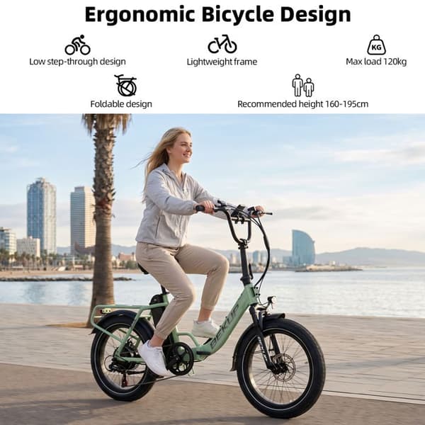 BEKUP S3 Fällbar Elcykel, Däck 20", Batteri 48V 15Ah, Grön