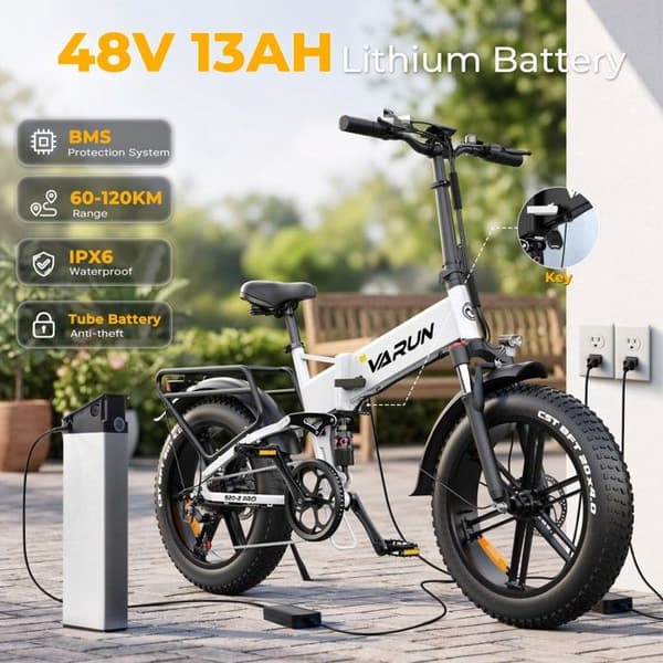VARUN S20-2 Pro Elcykel Fällbar 20 Tum Batteri 48V 13Ah, Vit