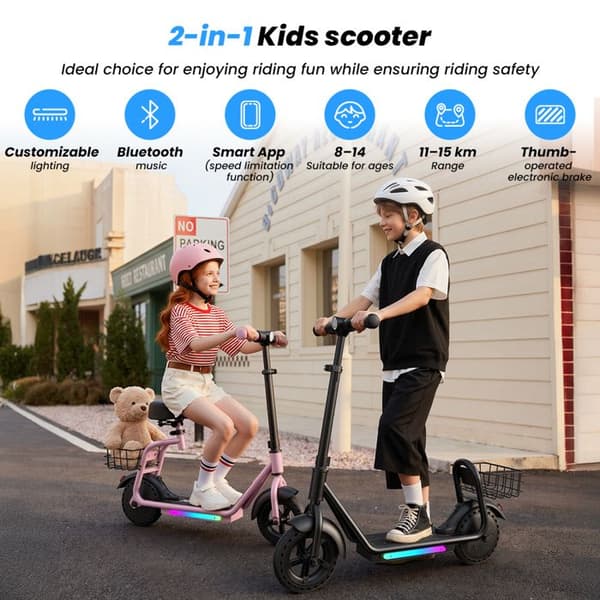 El-scooter för barn med sadel och korg iScooter iK7, svart