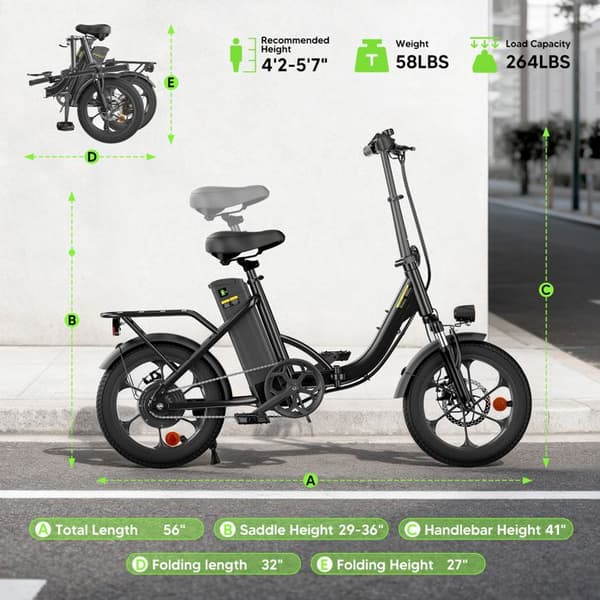 Fällbar Elcykel iScooter U4, 36V 10.4Ah, 16” Kompakt E-cykel, Svart