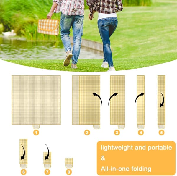 Picnic tæppe, bærbart picnictæppe, foldbart, gul og hvid, 150 x 200 cm