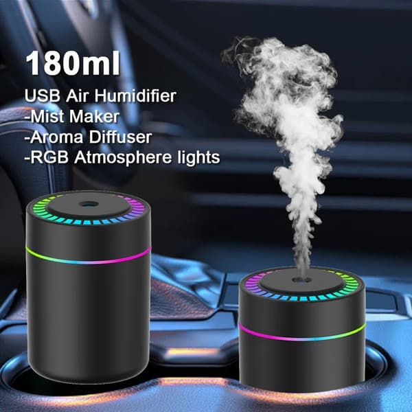 180ML Mini Luftfugter & Aroma Diffuser - USB-C Duftspreder med LED-belysning - Til Bil, Hjem & Soveværelse - Sort