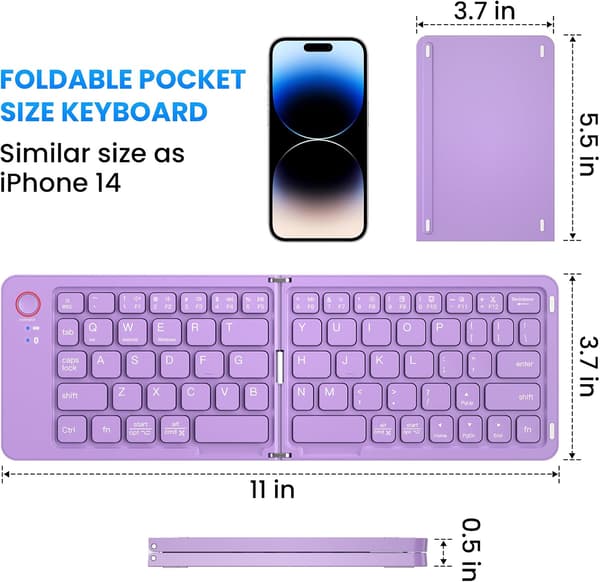 Mini vikbart Bluetooth-tangentbord – bärbart, Mac, iPad, Android, Windows och iOS (lila), ultratunt aluminium, resevänligt för iPhone