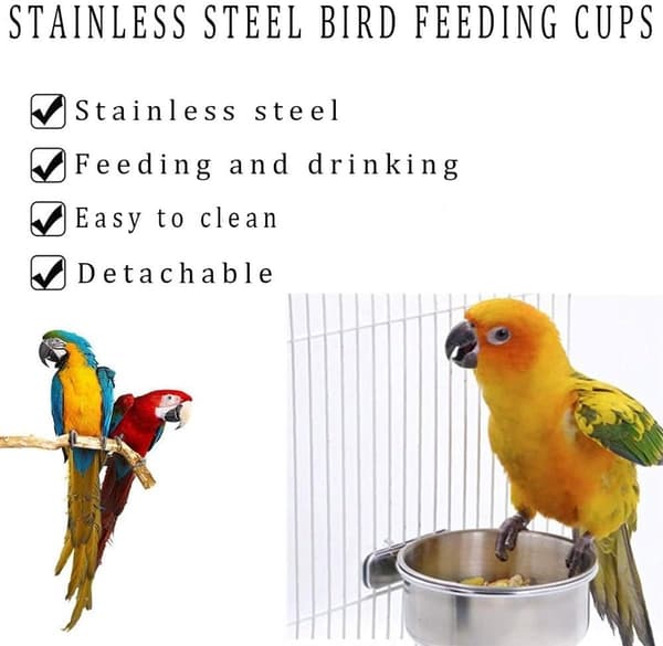 Fuglefoderautomater (2-delt sæt) - Foder- og vandskåle i rustfrit stål med clips - papegøjer - langhalede papegøjer - nymfeparakitter - conures - 2-delt