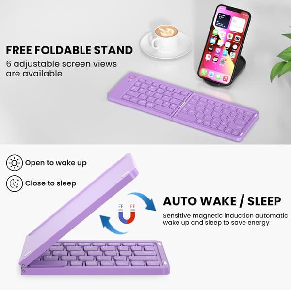 Mini vikbart Bluetooth-tangentbord – bärbart, Mac, iPad, Android, Windows och iOS (lila), ultratunt aluminium, resevänligt för iPhone