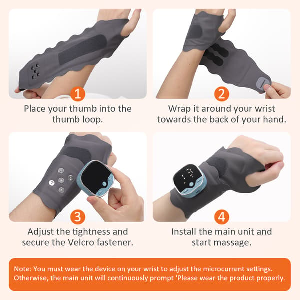 Intelligent, justerbart handledsstöd med massagefunktion, värmeterapi och massage av handledsled och senskida.