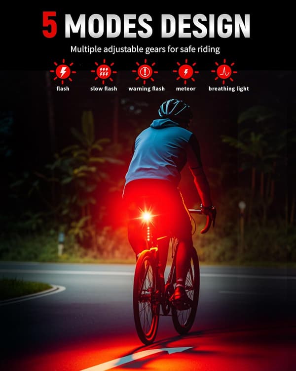 Smart Cykelbaglygte – Bremsesensor – USB-C – IP64 – 5 Tilstande – Til MTB & Racercykler