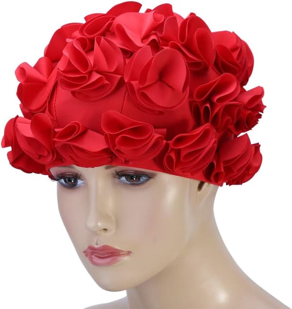 Badehætte - Blomstret Badehætte - Polyester - Unisex - Mode Dame Badehætte - Retro Badehætte med - 3D Blomstret Badehætte - Rød - 22*18cm