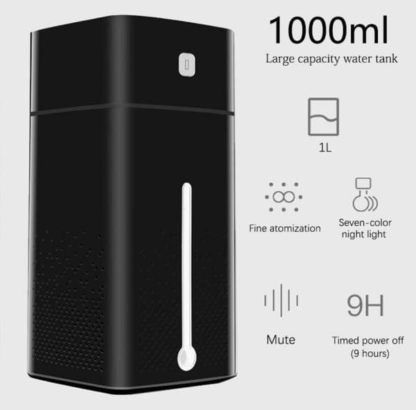 Luftfugter med 7 farver LED natlys - 1000ML - Aromaterapi - Fordamper - Forstøver - Luftrenser - Luftkøler - Luftfugter - Hvid!