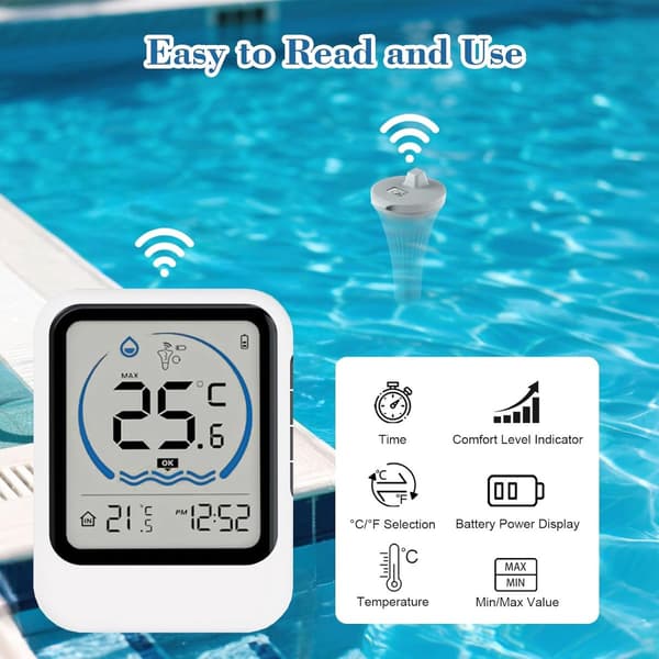 Termometer - Trådløst flydende pooltermometer - Pooltermometer - Trådløst termometer - Flydende pooltermometer - Poolmonitorer - Hvid