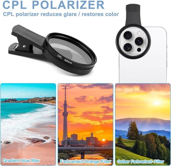 Polariserande filter - 52mm Polariserad rund telefonlins - Med klämma - CPL-filter iPhone & Android - Universellt polariserande filter - 52mm