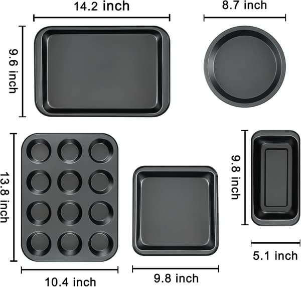 5-delt sæt non-stick bageforme - runde/firkantede kageforme, muffinforme, brødforme, bageplader og bagefade