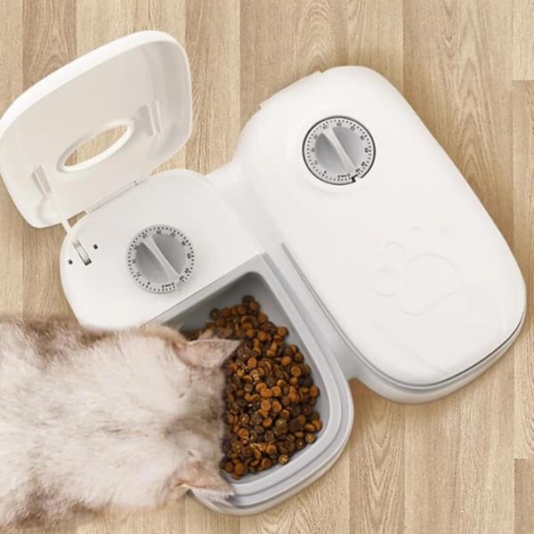 Automatisk kattefoderautomat med isterninger - 2-måltidsskål til små hunde - Dispenser til tør- og vådfoder til katte, 48-timers timer