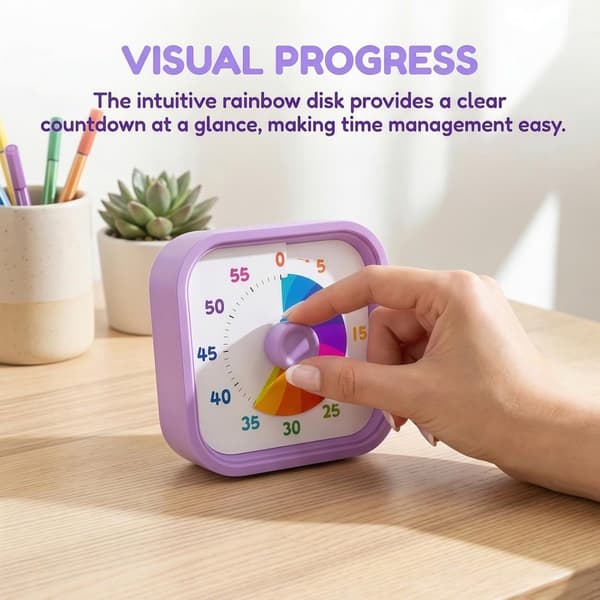 Timer - Lydløs visuel timer - Effektiv tidsstyring - Bærbar regnbueskive-timer - Påmindelse med ring og blink - Lilla - 8,7*8,7*5 cm