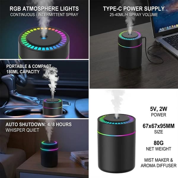 180ML Mini Luftfugter & Aroma Diffuser - USB-C Duftspreder med LED-belysning - Til Bil, Hjem & Soveværelse - Sort