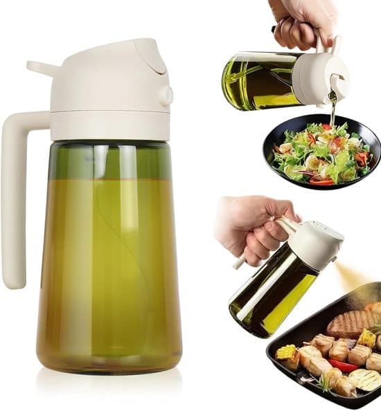 Olieflaske - 470 ml - Glasolieflaske - 2-i-1 Oliedispenser og Spray - Olivenoliedispenser med etiket og børste - 470 ml