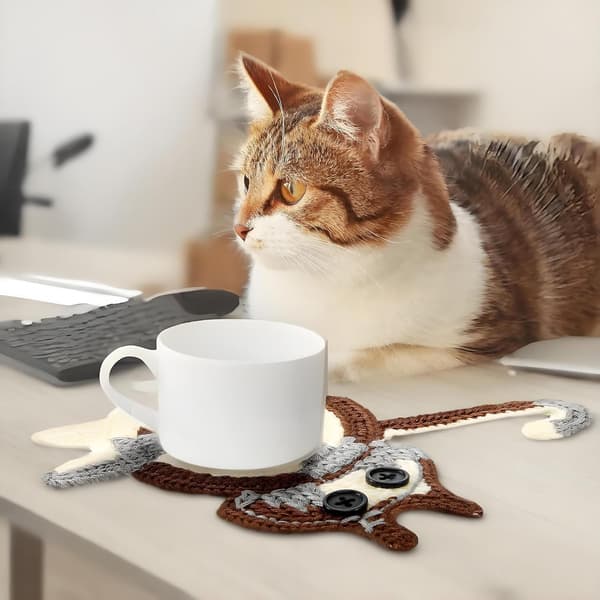 Sæt med 5 drikkeunderlag - søde vævede katteunderlag til kaffe og te - skrivebordsgave