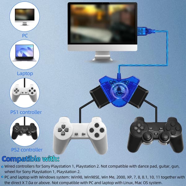 USB-adapterkonverterkabel egnet til Sony PS1 PS2 kablet controller gamepad joystick til PC - Farve Blå