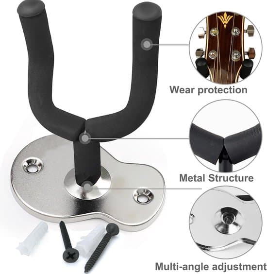 Gitarrväggfäste - 2 delar - Gitarrkrok - Väggfäste för att hänga gitarr - Gitarrhållare - Gitarrhängare - Gitarrstöd - Silver - 2 delar