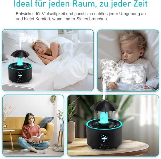 Luftfugter - Aroma Diffuser - Paraply Luftfugter - Roterende Paraply Dråbe Luftfugter - Aromaterapi Diffuser med 7 - Sort - 300 ml
