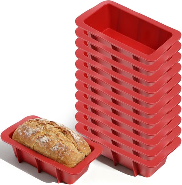 12 Mini Brödformar i Silikon – Non-stick – Rektangulära – för Bröd & Kakor (Röd)