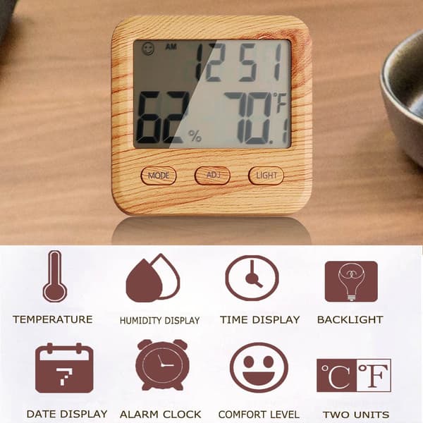 Digital hygrometer och inomhustermometer - Med klockfunktion - Belyst display - Tydlig läsbarhet - Sovrum - Kontor - Hem