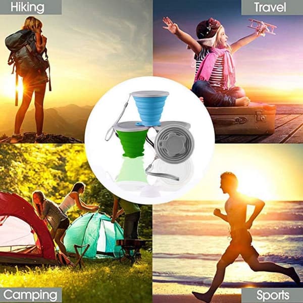 2-pack vikbara silikonmuggar - vikbara silikonmuggar med plastlock - återanvändbara - bärbart muggset för picknick - camping - Grå - 2-pack