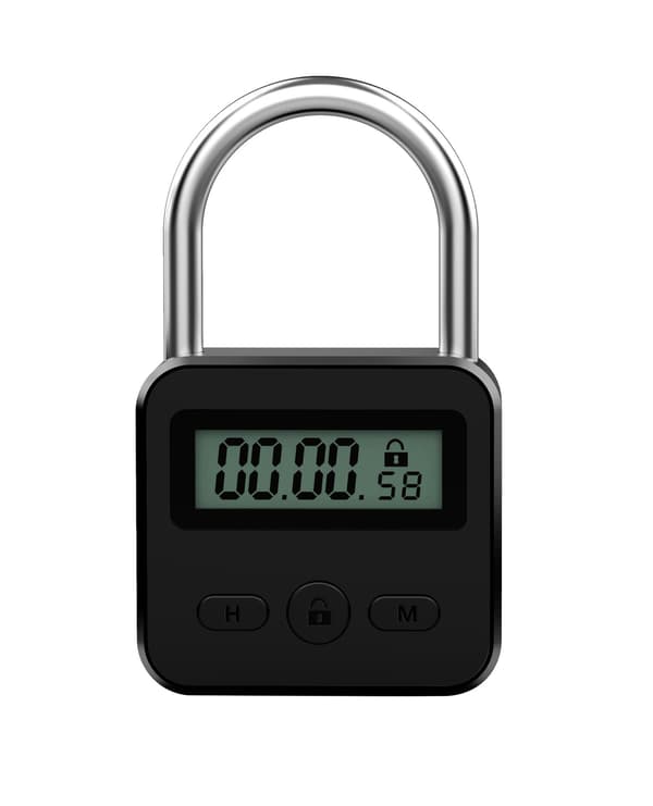 Metalltimerlås med LCD-klocka (max 99 timmar) och USB-timerhänglås.