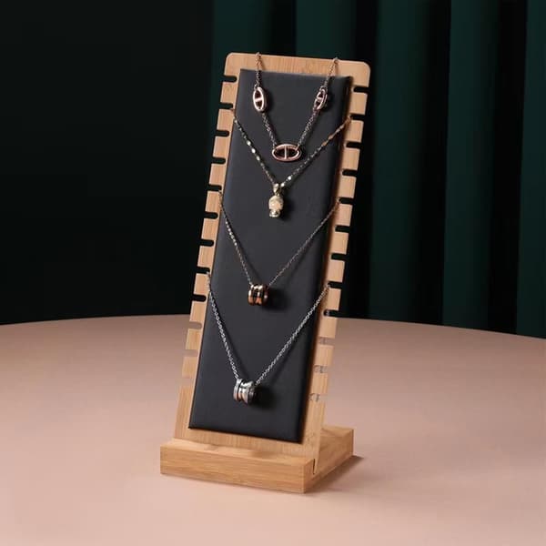 2-delad smyckesdisplay i bambu – Bordsdisplay för halsband – Svart