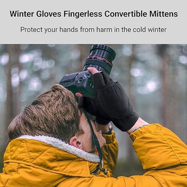 2-i-1 Handsker - 21*10cm - Polyester - Sort - Vinterhandsker - Fingerløse Handsker - Varme - Velcrolukning - Til Mænd og Kvinder - Elastisk Håndledsrem