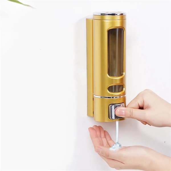 400 ml flydende sæbedispenser, robust og holdbar håndsæbedispenser med trykknap til vægmontering, velegnet til brug på badeværelset - Guld