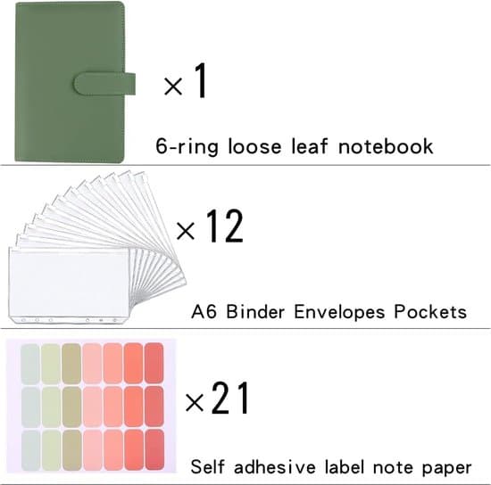 A5 PU lædermappe - Genopfyldelig 6-rings ringbind - Billig mappe - A5 notesbogmappe (Inkluderer foring) - Grøn