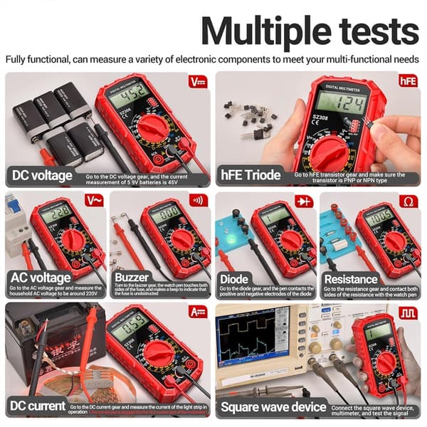 Digitalt multimeter - batterispændingstester - gennemgangstester - ohm - volt - amperemeter - AC - DC spænding - modstandsstrøm - transistor