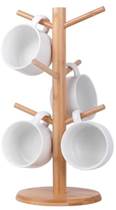 Kaffekoppshållare i bambu med 6 krokar - Praktisk muggorganisatör