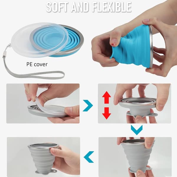 2-pack vikbara silikonmuggar - vikbara silikonmuggar med plastlock - återanvändbara - bärbart muggset för picknick - camping - Grå - 2-pack