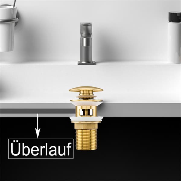 Universal afløbsprop til håndvask og vask - Moderne pop-up ventil - Afløbsventil med overløb, messing, rustfrit stål, guld (overløb)
