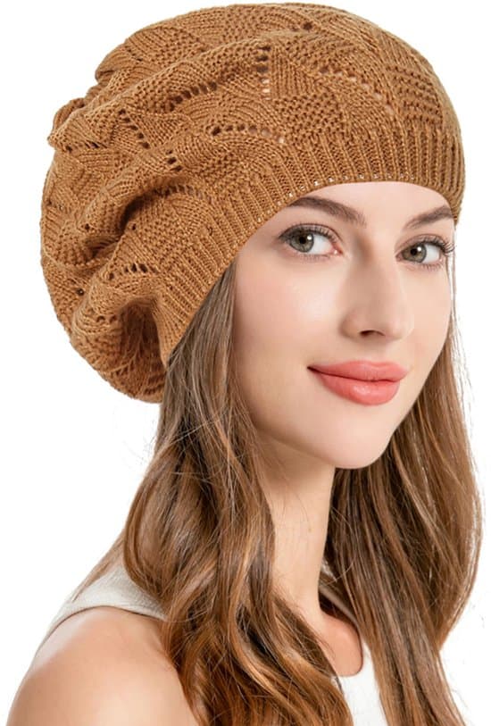 Klassisk fransk baret til damer, elegant efterårs-/vinterhat, omkreds 58 cm. Camel