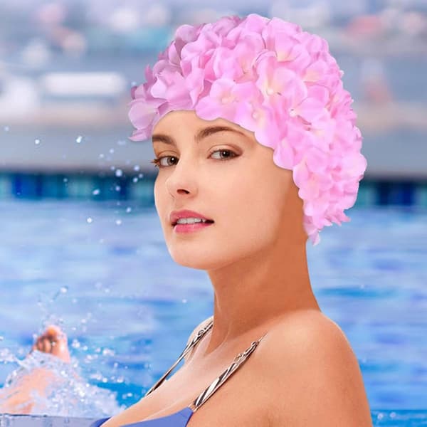 Blomstret badehætte - Smart badehætte - Hårbeskyttelse - Håndlavet blomsterdesign - One Size - Pink