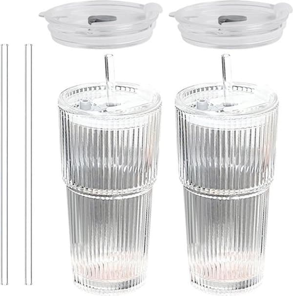 Dricksglas med lock och sugrör, set om 2, 600 ml - Perfekt för iskaffe, smoothies, juice och te