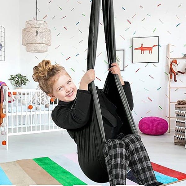 Sansegynge til børn, sort hængekøje 280x150cm (gyngeplade + lås)