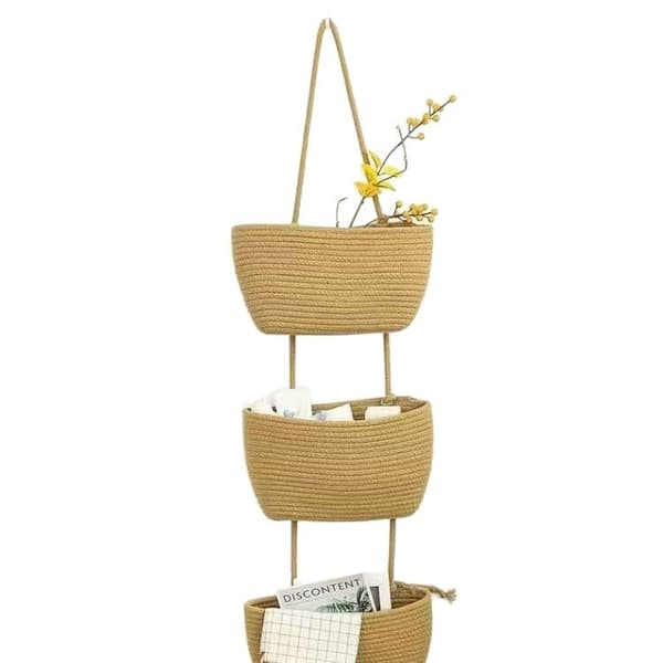 3-vånings väggkorg i flätad design - Khaki, förvaring för vardagsrum