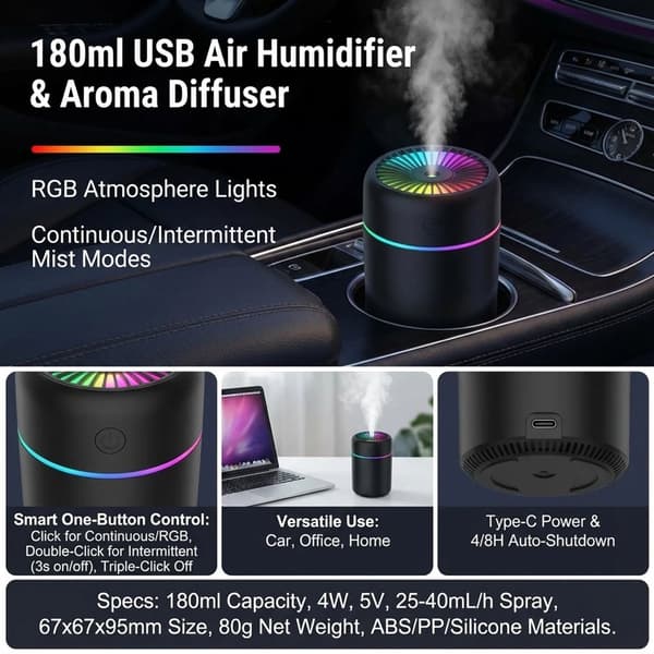 180ML Mini Luftfugter & Aroma Diffuser - USB-C Duftspreder med LED-belysning - Til Bil, Hjem & Soveværelse - Sort
